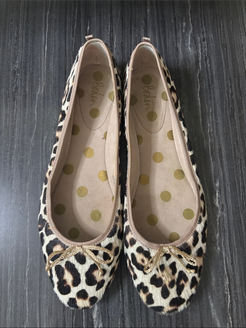 Boden Leopard-Print Calf Hair Ballet Flats with Gold Bow size 40